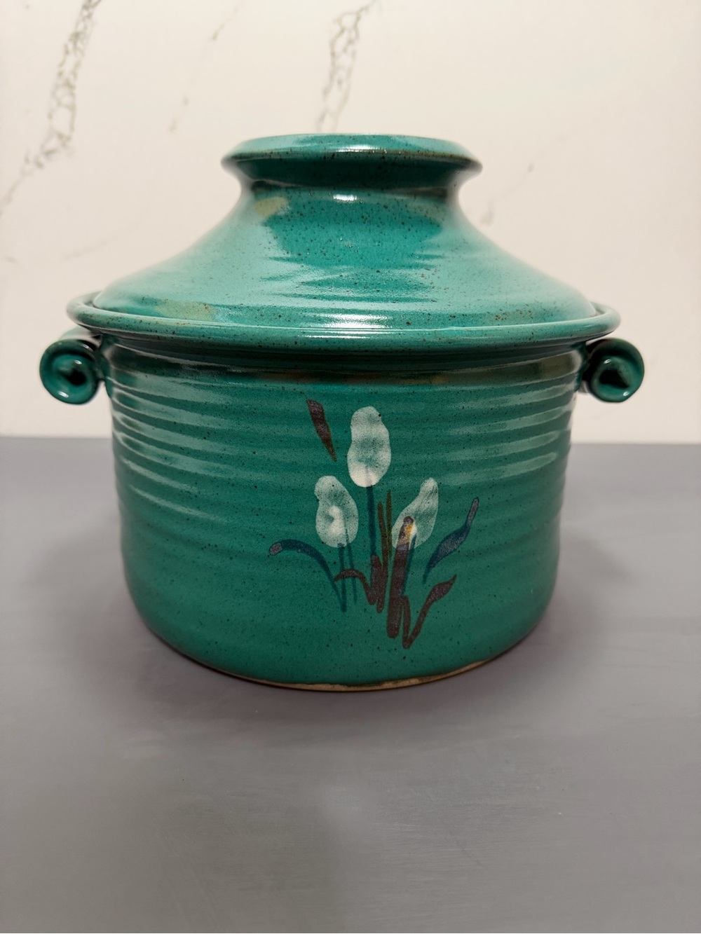 Hand-Painted Teal Pottery Lidded Pottery Decorative Home Art